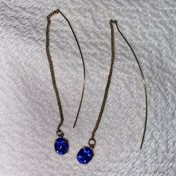 CRYSTAL BLUE DROP STONE Dangling Drop Earrings with Skinny Long Dangling Back - Picture 1 of 3